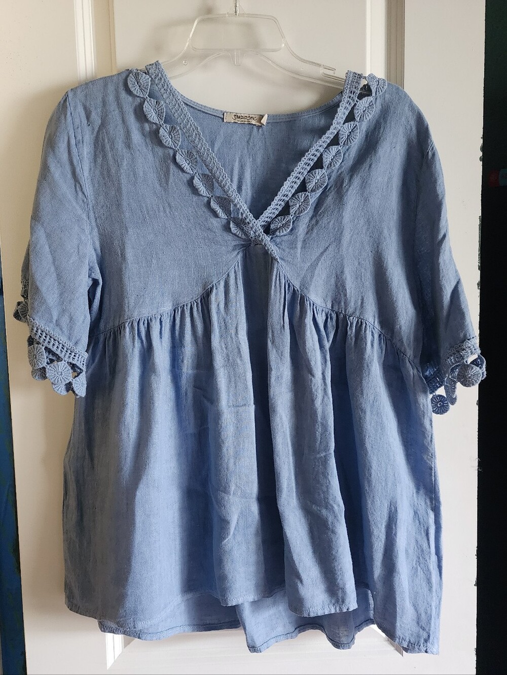 Blue SpazioChic Linen Babydoll Top With Chrochet Trim Size Large